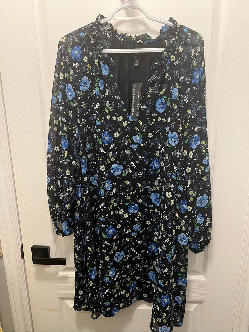 Banana Republic Black Floral Long Sleeve V-Neck Dress with Blue & Green Flowers